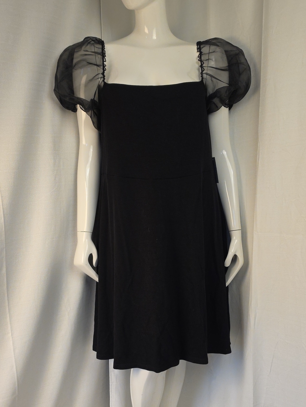 Eloquii Black Pullover Stretch Dress - Square Neck & Sheer Puff Sleeves Size 20